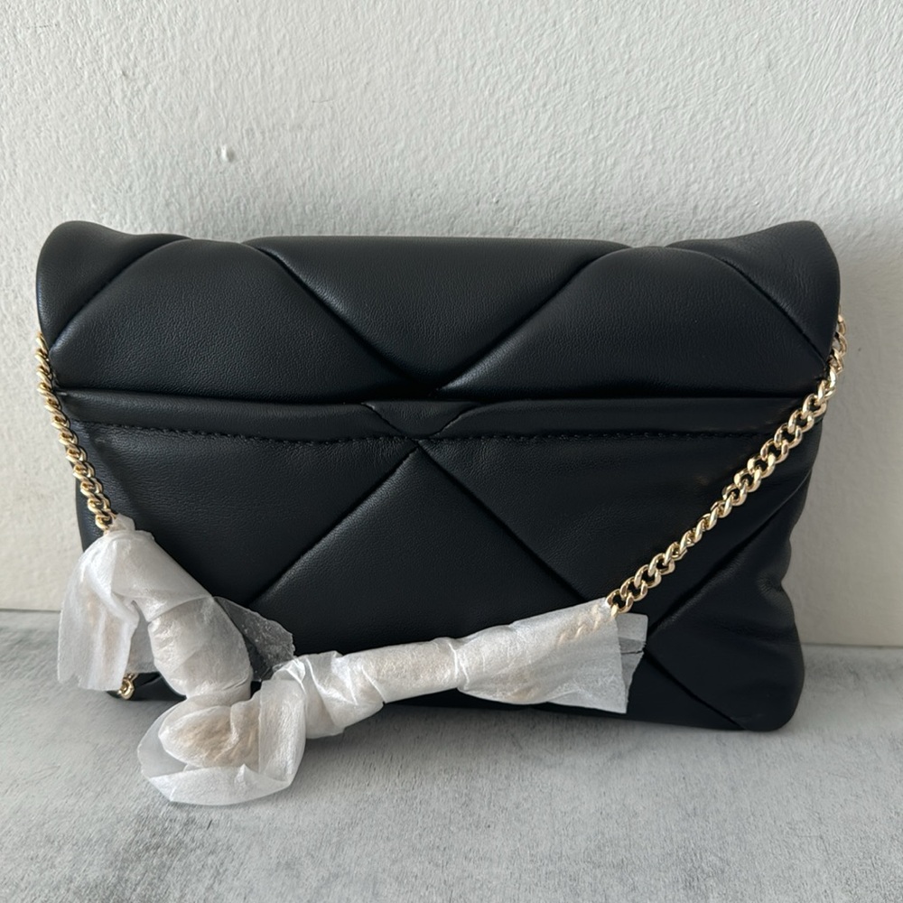 Cole Haan Crystal Quilt Leather Clutch Crossbody Black W Chain Strap - Picture 7 of 13